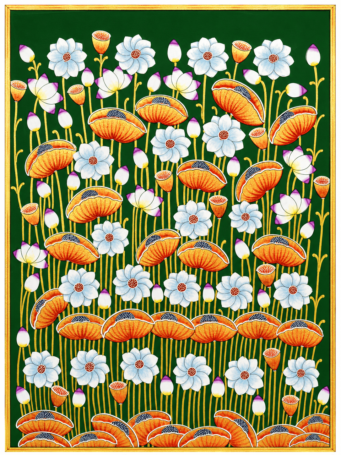 Handmade Lotus Pichwai Painting – Green & Gold, Natural Colors on Cotton Cloth (3x4 ft)